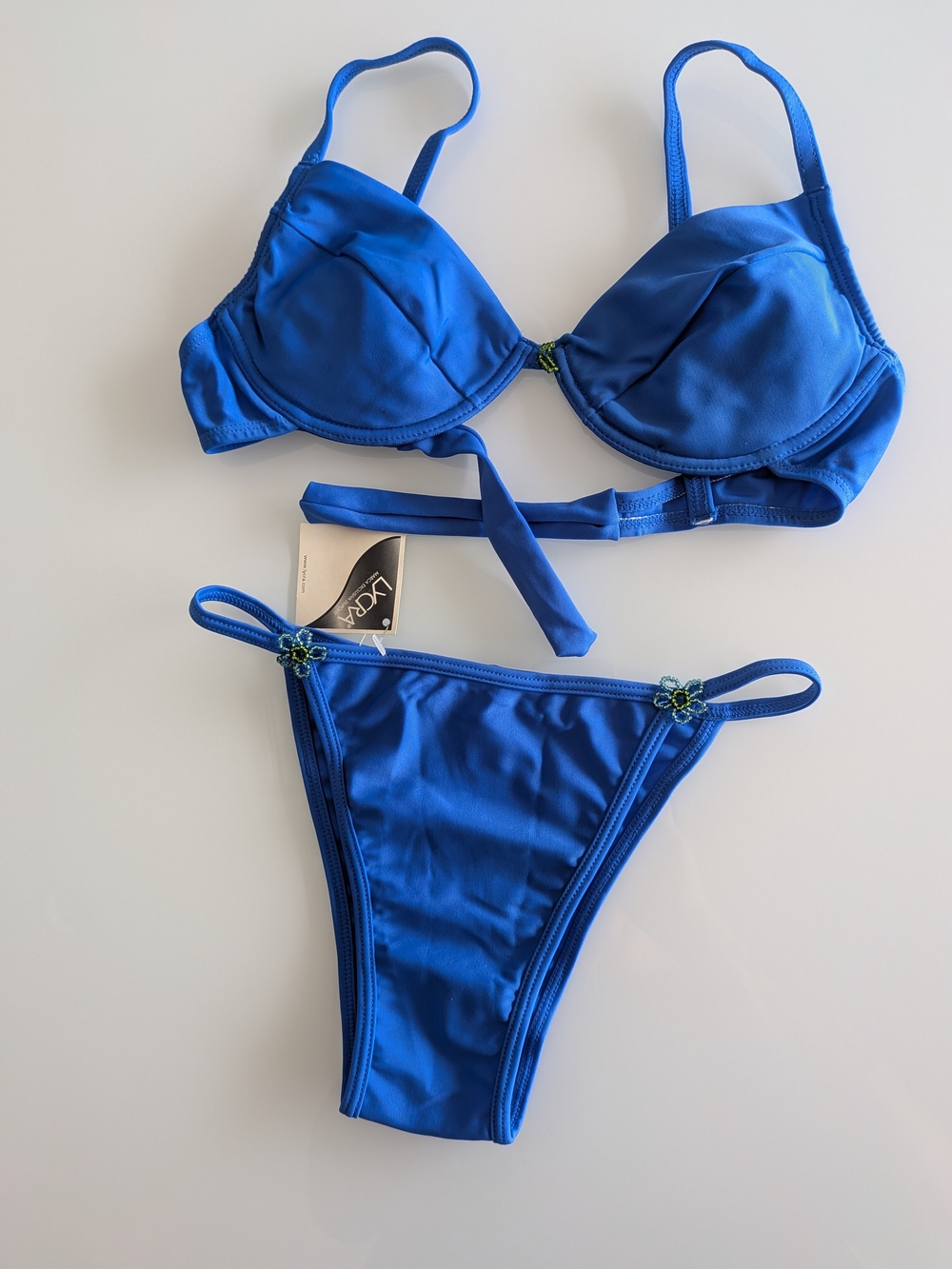 Blue Lycra Underwired Beaded Bikini Set 2 Piece Women's Swimwear Size S NWT - Picture 2 of 7